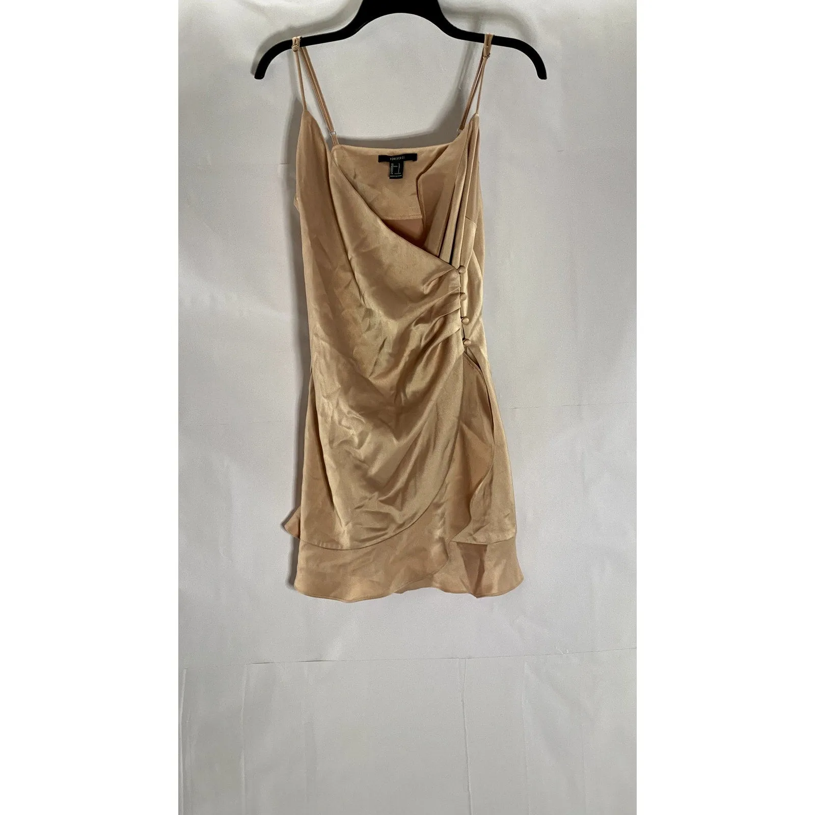 FOREVER 21 Women’s Gold Satin Button-Wrap V-Neck Adjustable Strap Mini Dress SZL