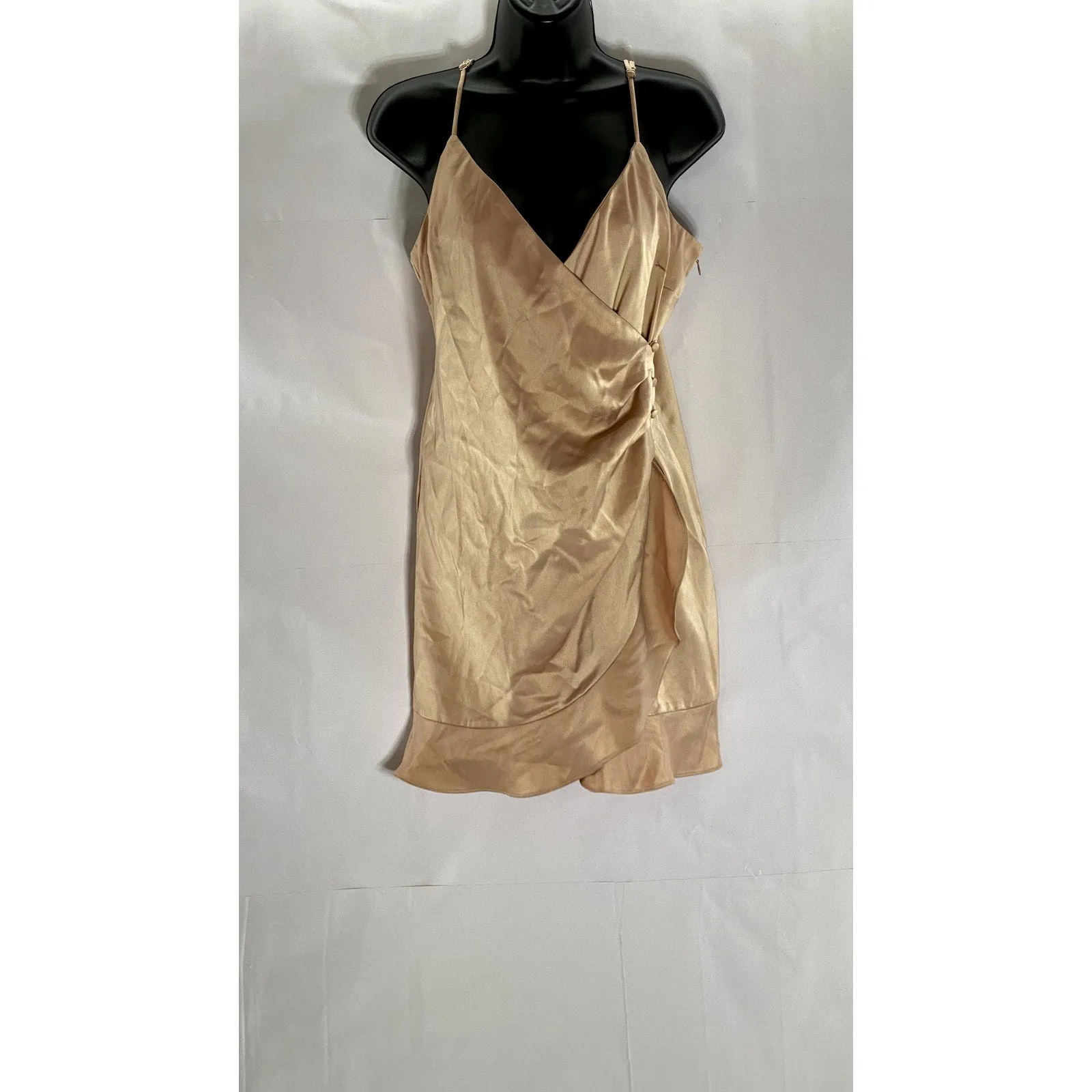 FOREVER 21 Women’s Gold Satin Button-Wrap V-Neck Adjustable Strap Mini Dress SZL