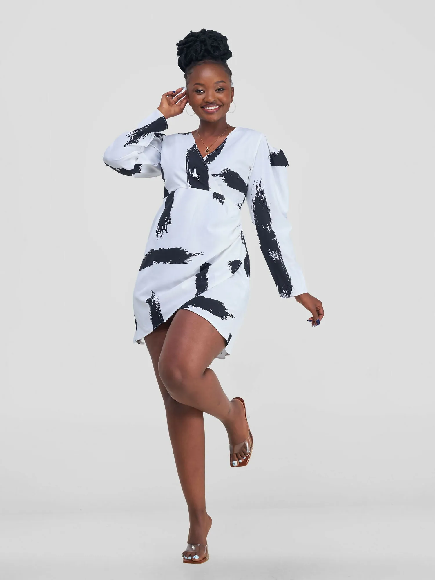 Olina Wrap Dress - Black / White Print