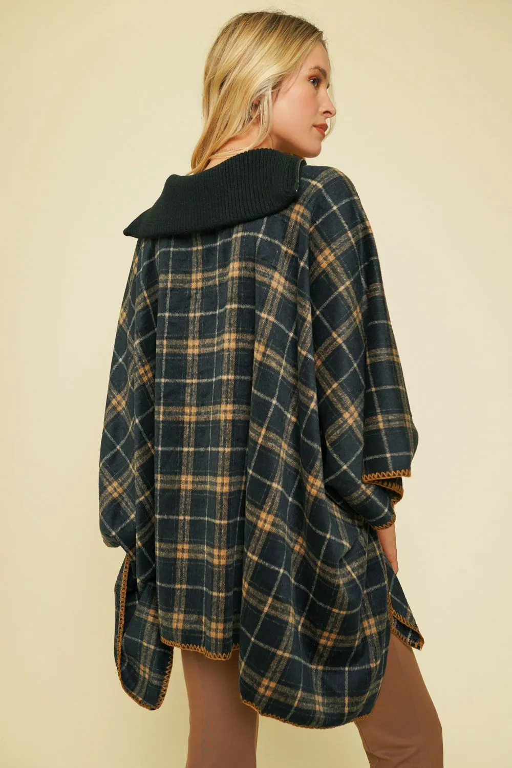 Plaid Zip-Up Poncho