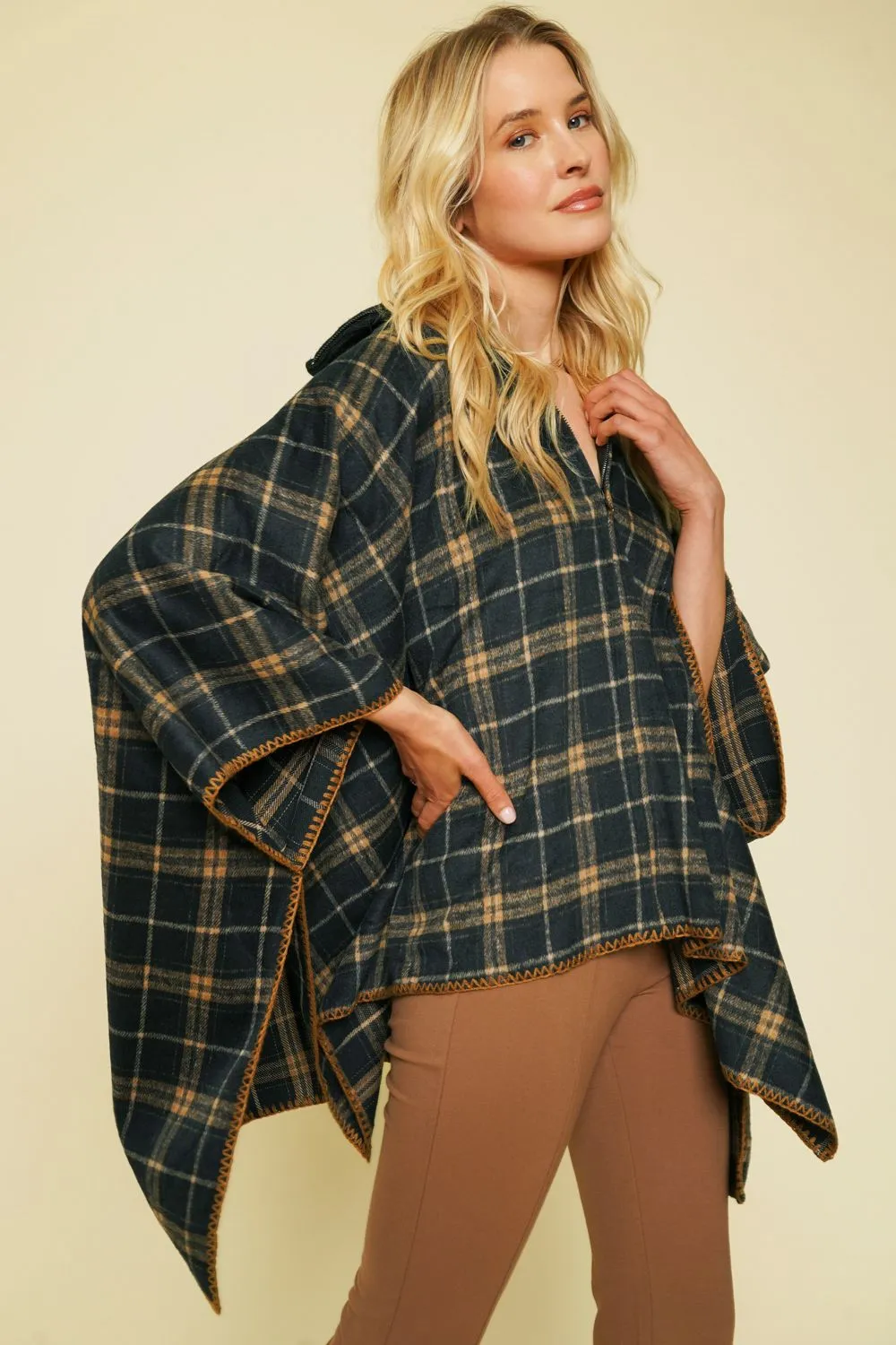 Plaid Zip-Up Poncho