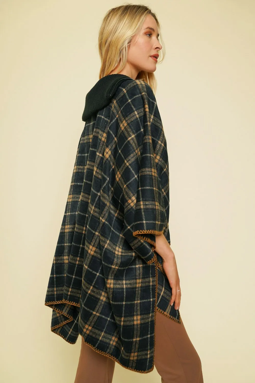 Plaid Zip-Up Poncho