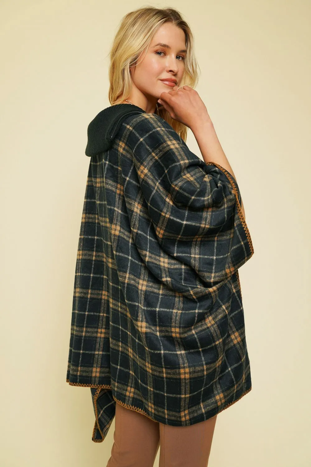 Plaid Zip-Up Poncho