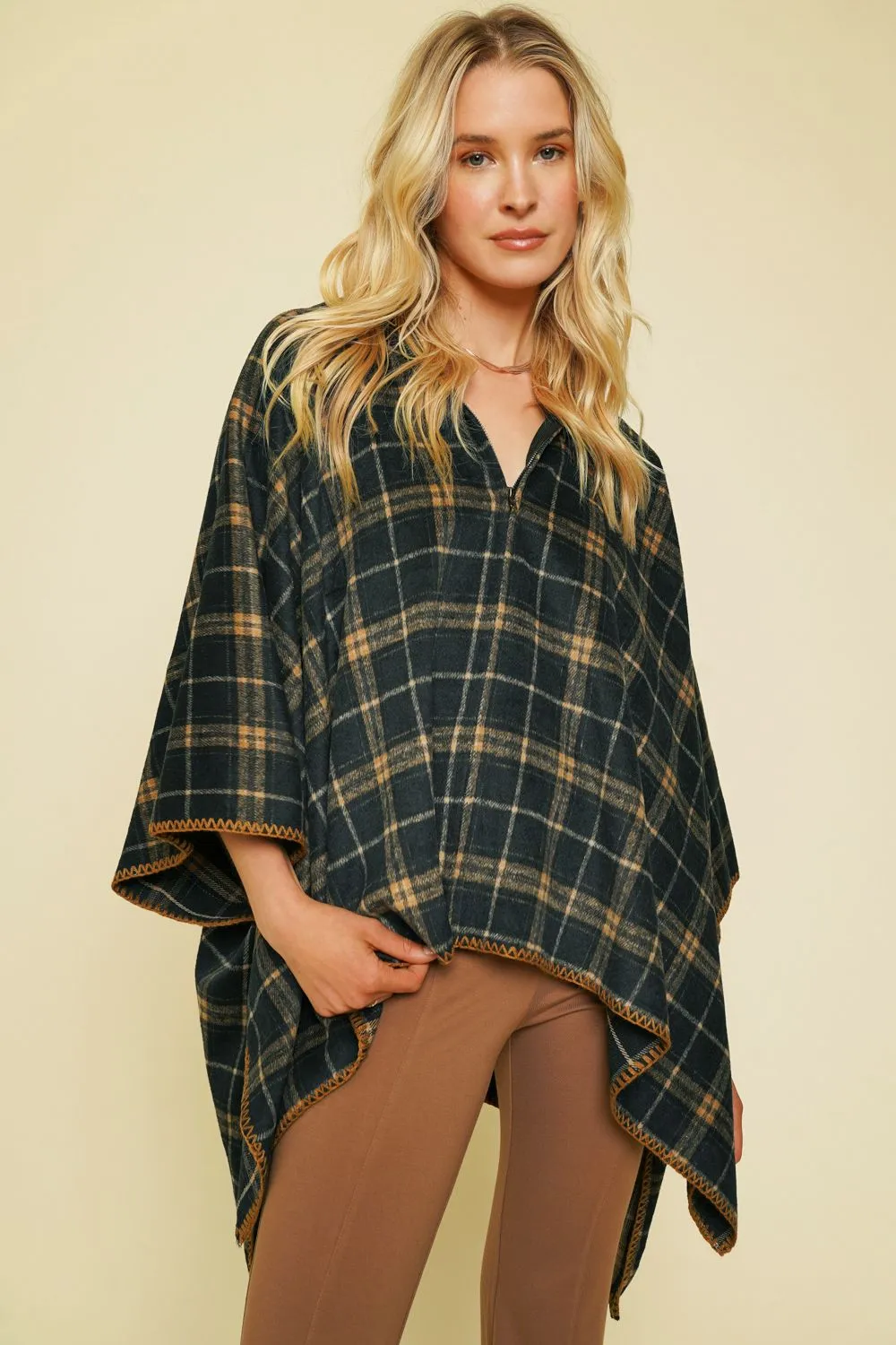Plaid Zip-Up Poncho