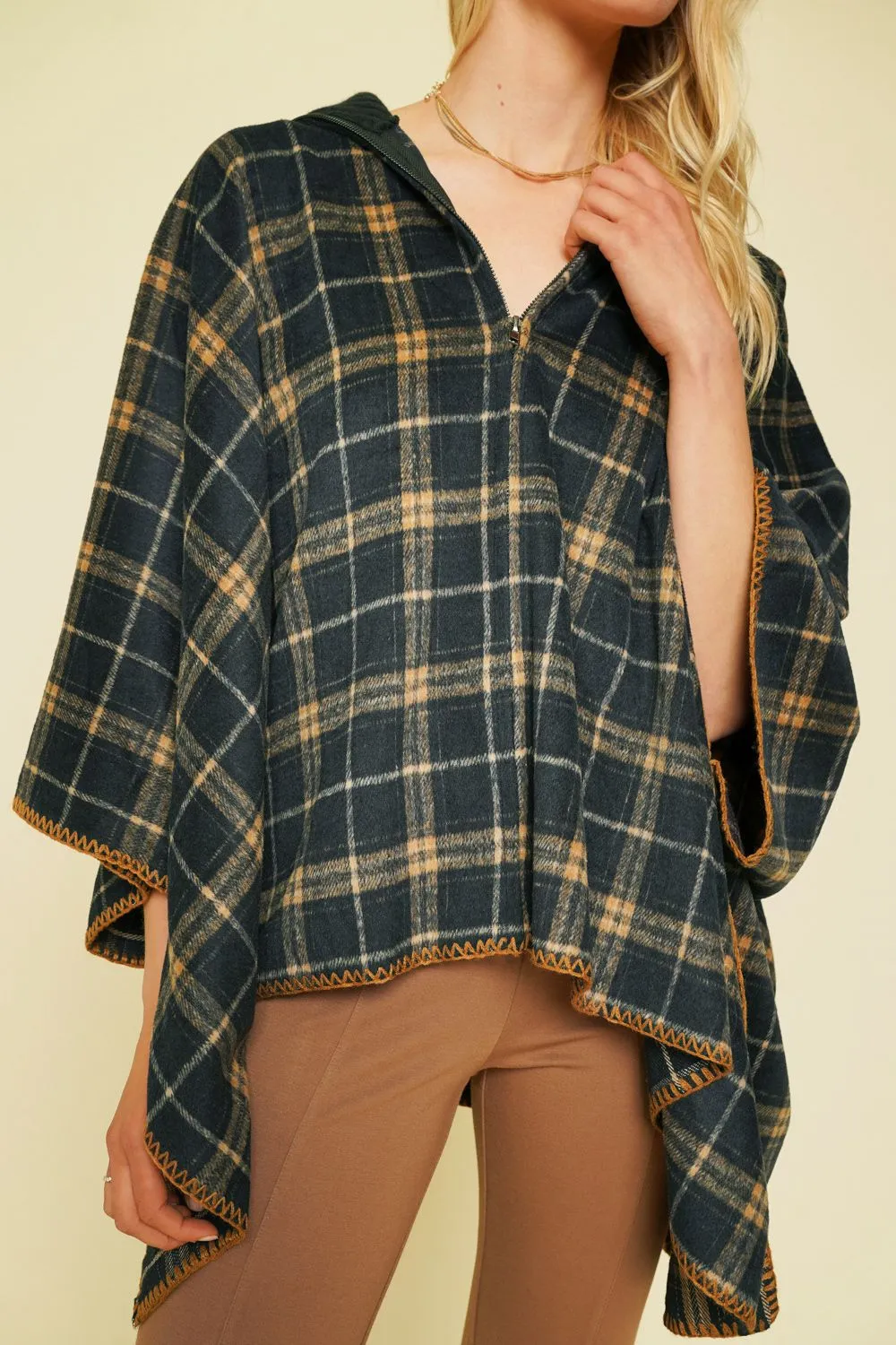 Plaid Zip-Up Poncho
