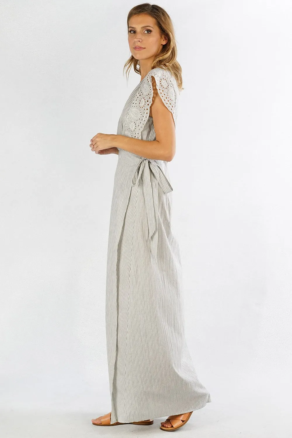 Striped Embroidered Sleeveless Wrap Dress