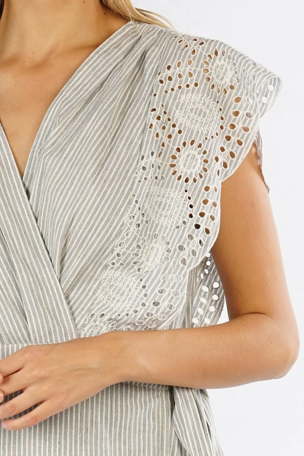 Striped Embroidered Sleeveless Wrap Dress