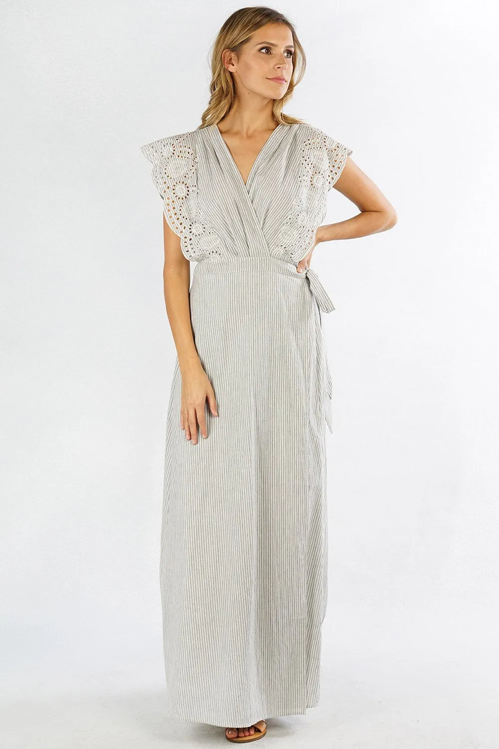 Striped Embroidered Sleeveless Wrap Dress