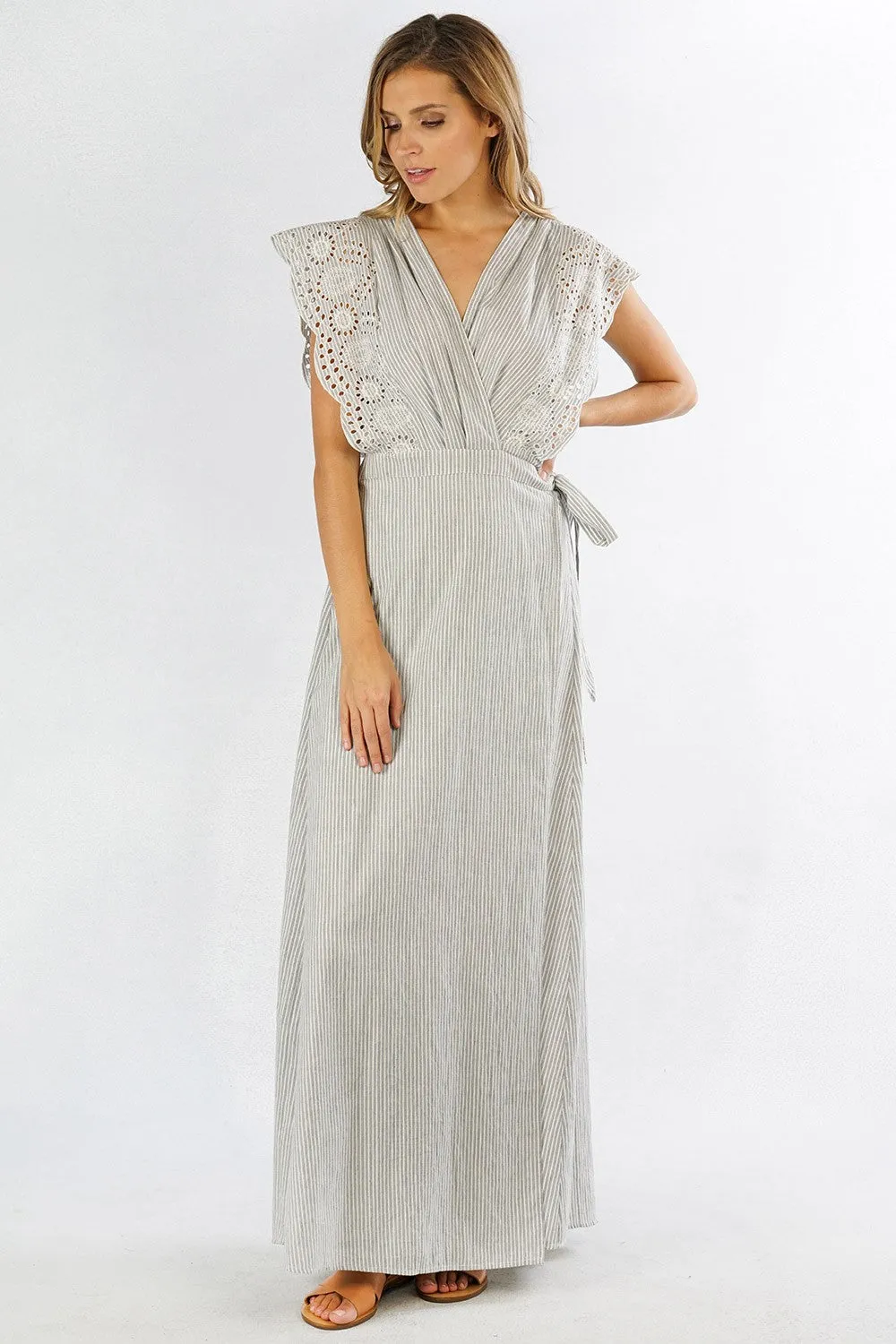 Striped Embroidered Sleeveless Wrap Dress