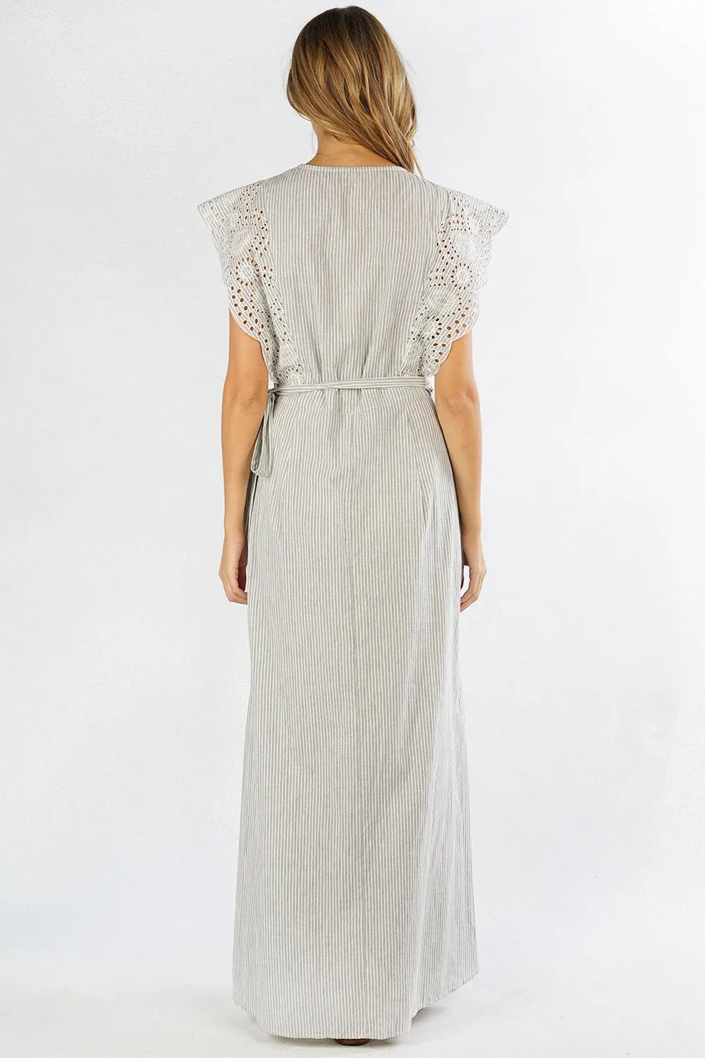 Striped Embroidered Sleeveless Wrap Dress